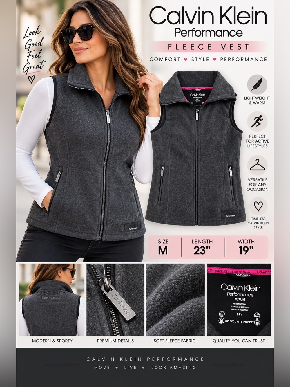 Calvin Klein Performance Women’s Fleece Vest Size M Gray Full Zip Pockets